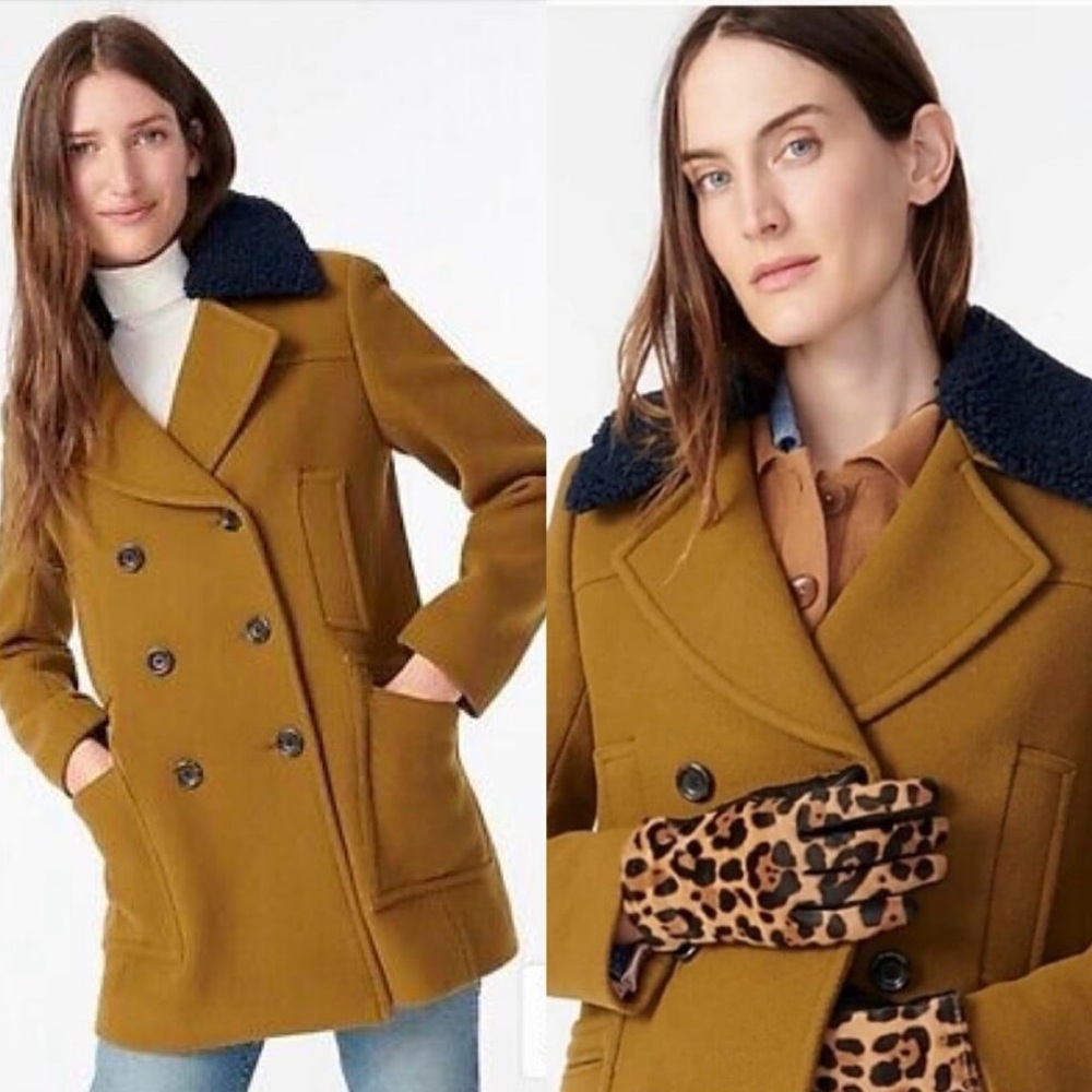 ✨J. Crew Tan Ready to Wear Double-Breasted Peacoat Coat w/Shearling Collar BNWT✨